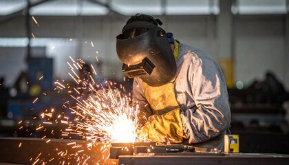 An industrial worker is welding metal, sparks flying, illustrating the art of welding. The image captures the focus of the worker, his tools and his workplace