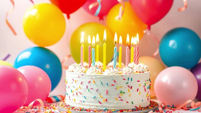 Children's birthday party. Close-up of a cake with lit candles on a table surrounded by bright balloons, festive atmosphere, greeting card with dessert and balloons, glowing candlelight