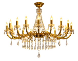 Grand Crystal Chandelier Front View With Gold Frame, Fully Lit, Symmetrical Design, Isolated On Transparent Background