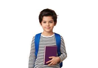 Young boy with backpack and book standing ready for school isolated on transparent background