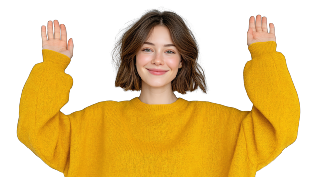 Portrait of a Cheerful Young Woman with Short Brown Hair Wearing a Bright Yellow Textured Sweater Waving Both Hands with a Smile Against a Transparent Background