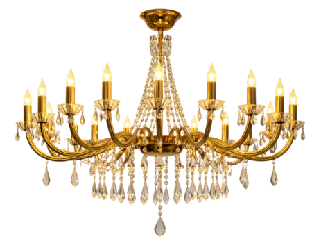 Grand Crystal Chandelier Front View With Gold Frame, Fully Lit, Symmetrical Design, Isolated On Transparent Background