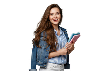 Smiling young woman holding books isolated on transparent background