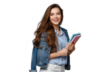 Smiling young woman holding books isolated on transparent background