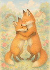 Obraz premium Adorable foxes embracing lovingly.