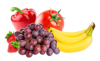 a vibrant assortment of fresh fruits, including bananas, grapes, strawberries, and bell pepper, evoking health and nutrition concepts