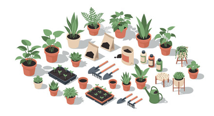 Isometric gardening elements with plants, tools, and supplies