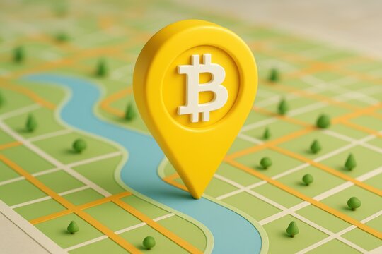 Bitcoin location marker on a map: A vibrant visual representing the digital frontier of cryptocurrency, a golden location pin, emblazoned with the bitcoin symbol, guides the way on a detailed map.