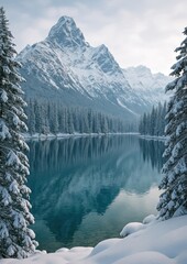 Fototapeta premium Serene snowy mountain lake landscape.