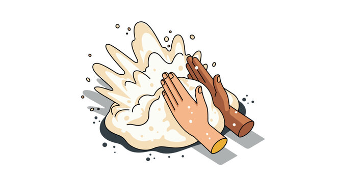 Hands kneading dough with flour splash in isometric art style