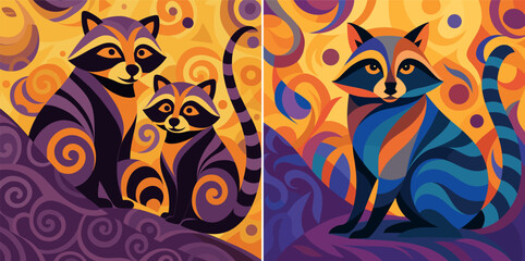 Raccoons sitting together on a hill in a bright abstract geometric style