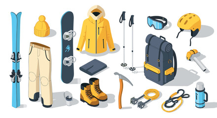 Winter sports gear set with backpack, skis, snowboard, and climbing equipment in isometric view