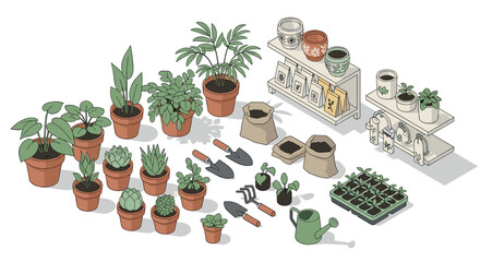 Gardening set scene with potted plants and gardening tools in isometric style