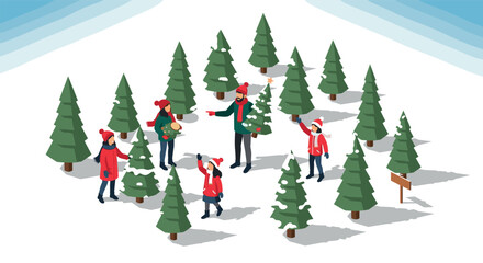 Festive family adventure in a christmas tree farm with snow-capped pines