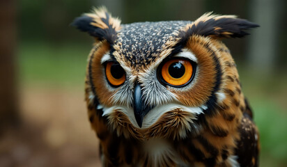 Obraz premium close up of an owl with yellow eyes perched on a tree branch, its background blurred