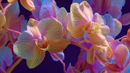 Orchid blossoms showcase vibrant, layered colors against a deep, contrasting backdrop