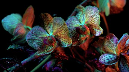 Orchids glowing with radiant orange and cyan hues, set against a dark backdrop