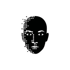 Human face transforming into digital pixels represents artificial intelligence and technological advancement in a modern and futuristic style.