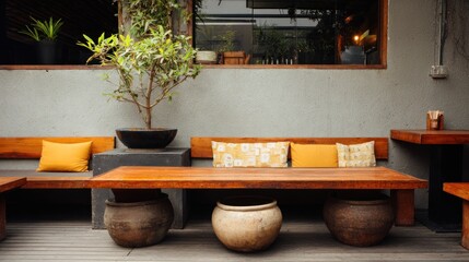 Outdoor seating area with plants and pottery