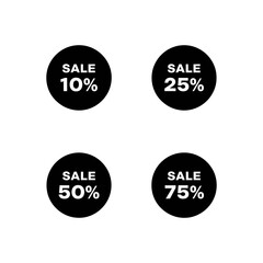 Black circular stickers display sale percentages for promotional marketing campaigns, offering discounts and savings to attract customers during retail events.