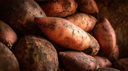 Pile of unwashed sweet potatoes
