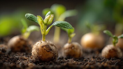 Potato sprouts growing in soil
