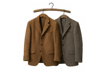 Stylish tweed blazers on wooden hangers, men's classic autumn winter wool jackets, fashion apparel on transparent background