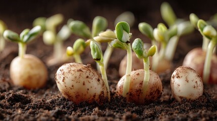 Potato sprouts growing in soil