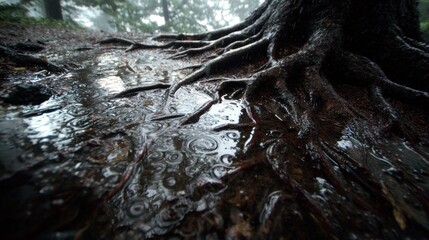 Raindrops rippling on a puddle near tree roots in a misty forest, low angle perspective