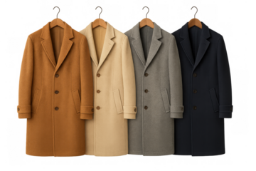 Four men's classic wool coats in various colors, including brown, beige, grey, and navy, hanging on wooden hangers