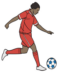 football player kicking ball.  Vector illustration of a soccer player in a red jersey kicking a ball. Full-body vector of a male football player in action, isolated on a white background 