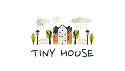 Tiny scandinavian village with small house and doodle trees.