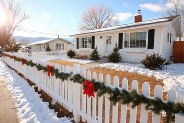 Festive winter scene with decorated picket fence