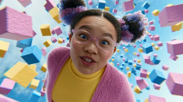 Joyful girl flying toward camera through colorful cubes &ndash; playful 3D fantasy scene