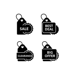 Black and white price tags showing sale, best deal, clearance, and big offer hanging against white backdrop for retail promotion.