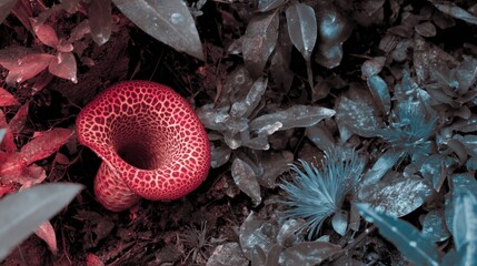 Red mushroom stands out in foliage with a red & blue split-toned color treatment