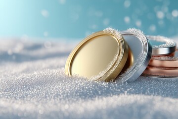 Gold Silver Bronze Medals Lying on Snow Minimal Winter Composition. Concept for the 2026 Winter Olympics Games. 