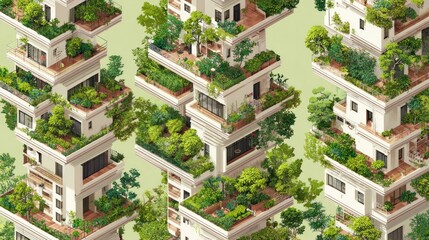 Repeating residential buildings, each level filled with abundant greenery and plants