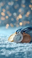  Olympic Medals on Snow with Blue Bokeh Lights Vertical Composition. Concept for the Winter Sports 2026 in Italy.