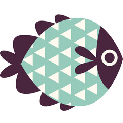 Stylized Mint Green Fish With Dark Purple Fins And Tail Featuring A Repeating Triangle Pattern In White And Teal Against A Transparent Background