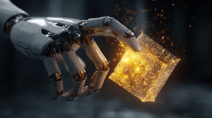 Robotic hand holding glowing data cube