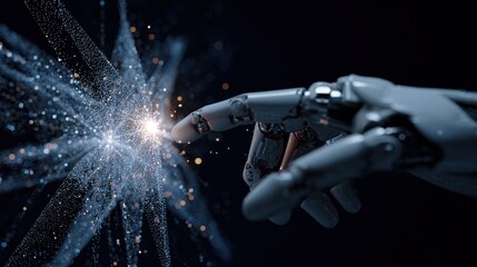 Robotic hand interacting with digital data burst