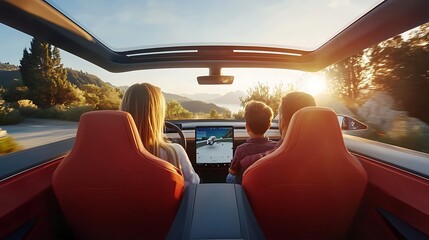 Fototapeta premium Family enjoying a ride inside a self-driving car with panoramic windows