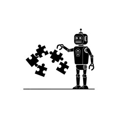 Robot assembling puzzle pieces on white surface, symbolizing problemsolving and artificial intelligence in a minimalist style.