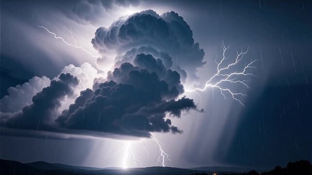 Dramatic thunderstorm with powerful lightning strikes illuminating towering storm clouds over mountain landscape at dusk - Powered by Adobe