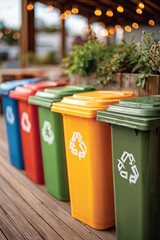Colorful recycling bins in a garden setting