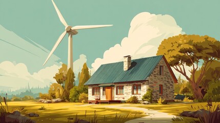 Rural house with windmill in sunny, grassy field, trees, and cloudy sky backdrop