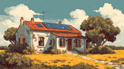 Rustic house with solar panels nestled in a sunny meadow with a cloudy sky