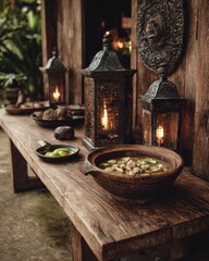 Rustic table with food and lanterns