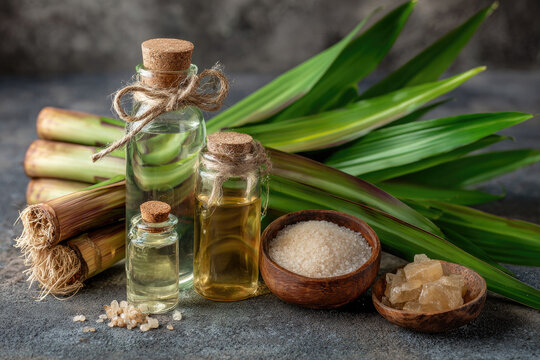 Background with acorus calamus: plant, leaves and root of acorus calamus. Oil, soap and bath salt . Cosmetics and medical plant.